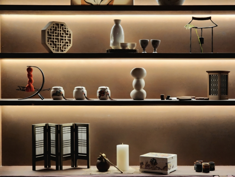 Traditional Korean folk objects and antique crafts displayed on wooden shelves in Itaewon, Seoul Fusion Gastropub