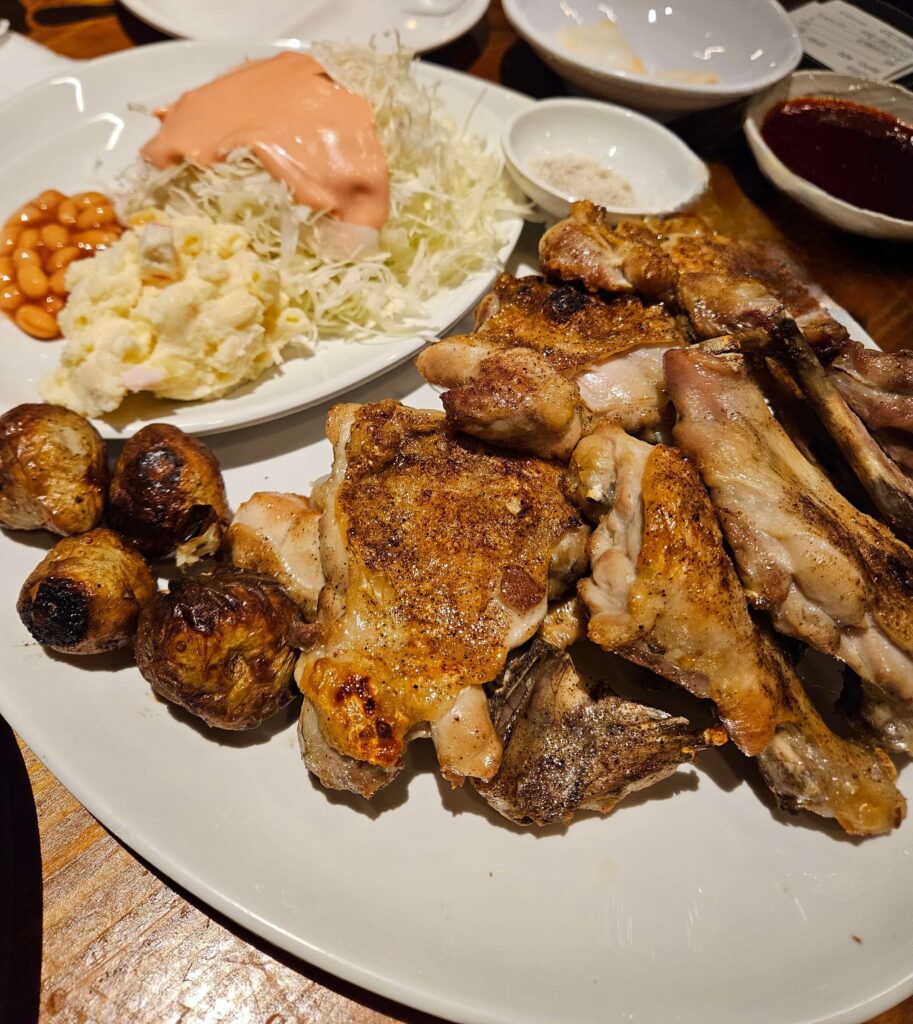 Salt BBQ whole chicken at Dalmaji Plaza BBQ, Euljiro Seoul — charcoal grilled with bamboo salt