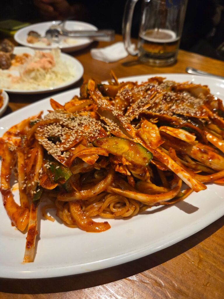 Golbaengi jjolmyeon — Korean sea snail noodles at Dalmaji Plaza BBQ, Euljiro Seoul