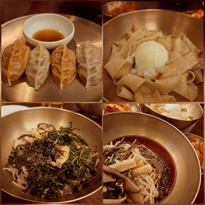 Full table spread at Myeon Seoul Apgujeong including dumplings, spicy bibim noodles, golddong perilla oil noodles, and five-herb noodles served in traditional Korean brassware yugi