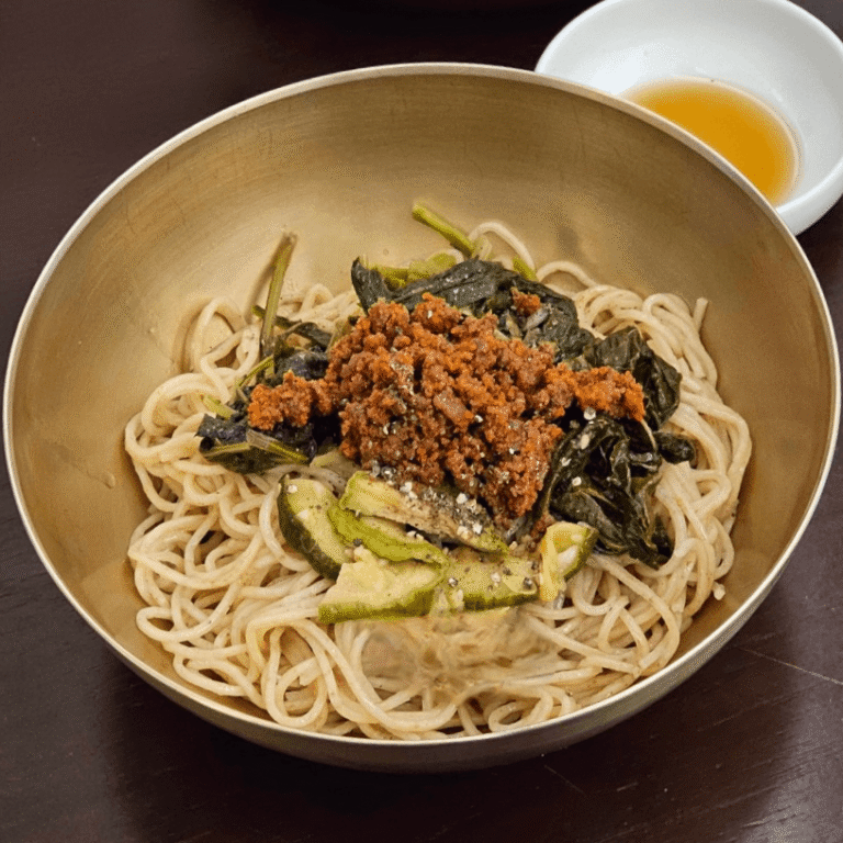 Meat & herb noodles tossed in raw perilla oil at Myeon Seoul Apgujeong by Culinary Class Wars chef Kim Do-yun