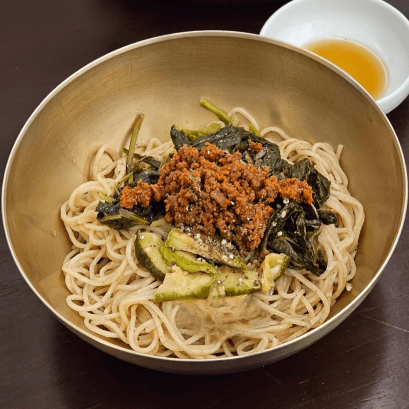 Meat & herb noodles tossed in raw perilla oil at Myeon Seoul Apgujeong by Culinary Class Wars chef Kim Do-yun