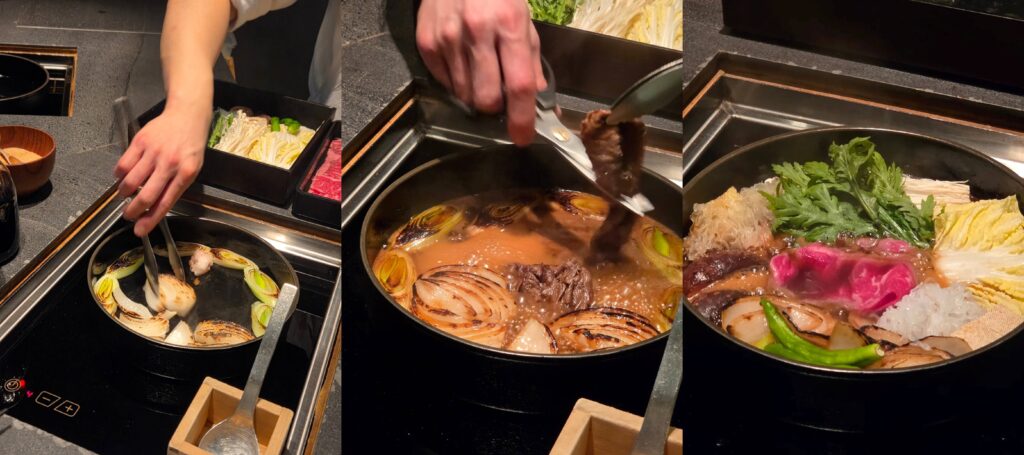 A staff member cooks the first round tableside Negi Sukiyaki Andaz Seoul Gangnam