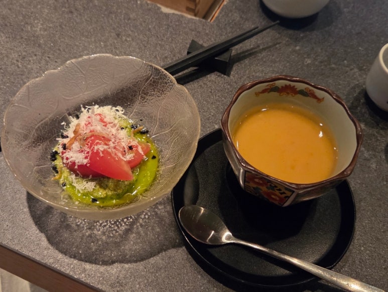 tomato basil salad and chawanmushi served alongside the sukiyaki course at Negi Sukiyaki Andaz Seoul Gangnam