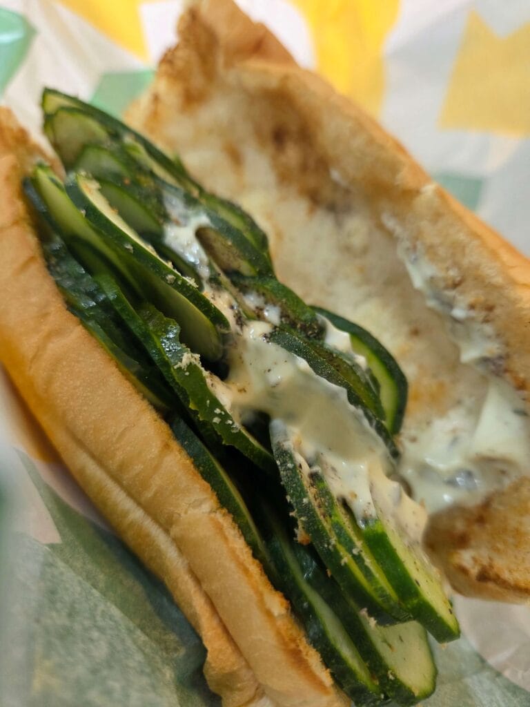 Close-up shot of the fresh Subway Korea Cucumber Only sandwich