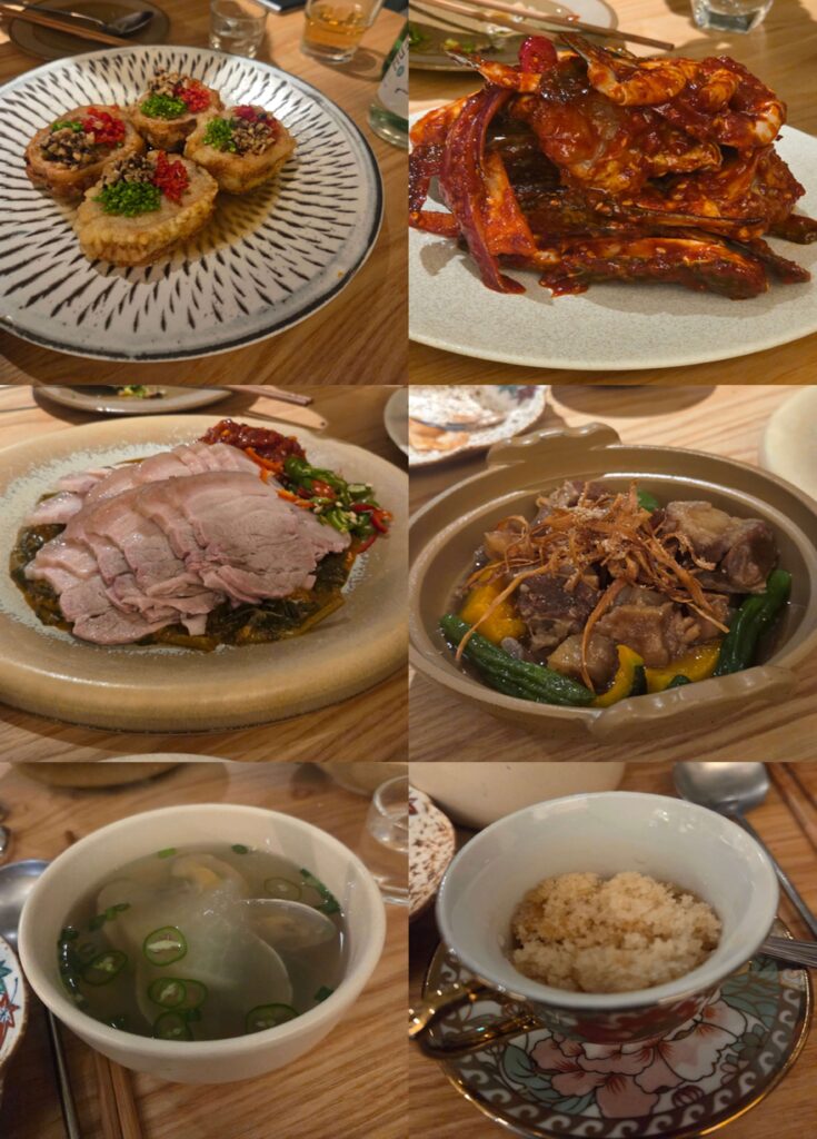 Spicy marinated crab paired with tender boiled pork (Suyuk) and then Tender and savory Korean braised short ribs (Galbi-jjim)