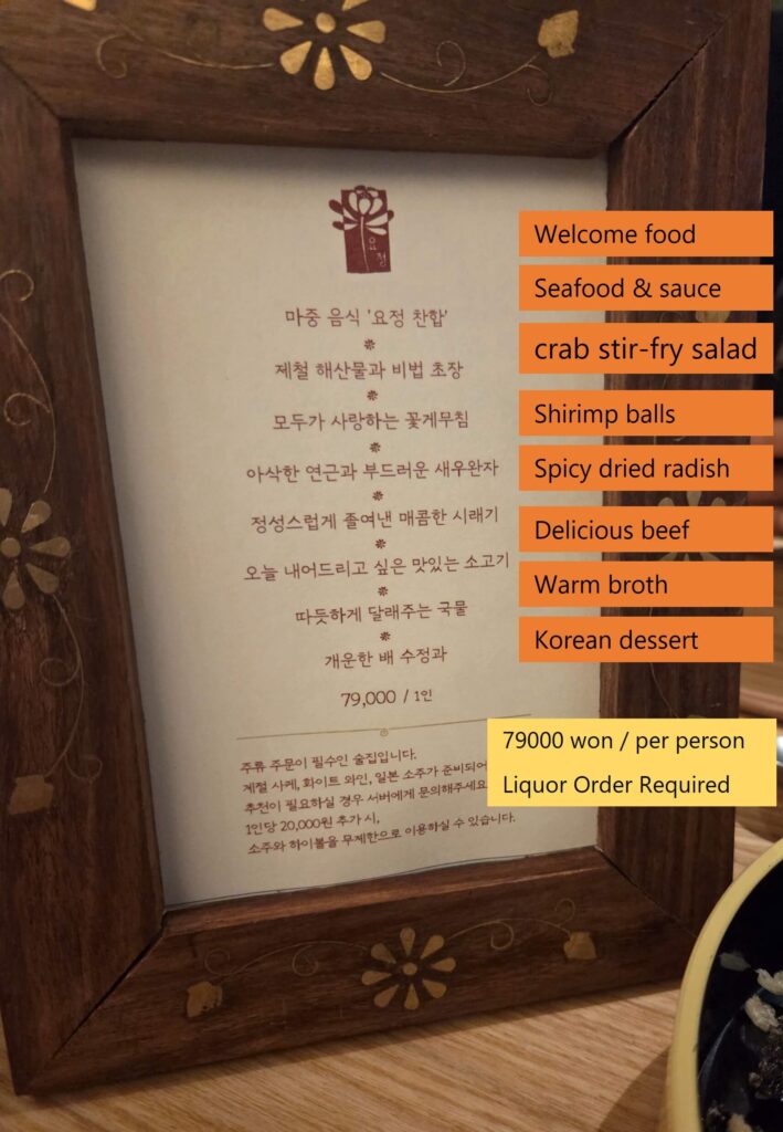 The seasonal Korean Omakase course english menu at Yojeong
