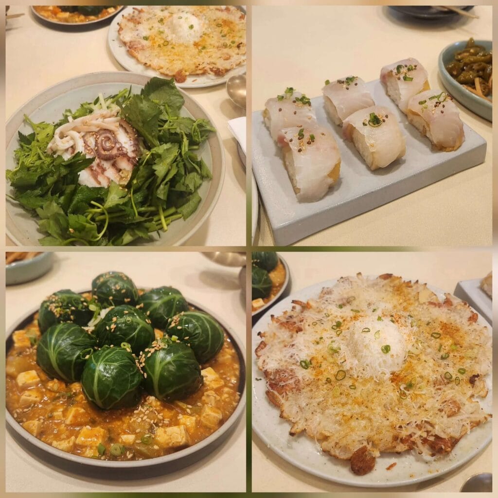 A collection of Nanpo's signature dishes including kale ssam-bap, octopus noodles, sashimi rolls, and shrimp potato pancake