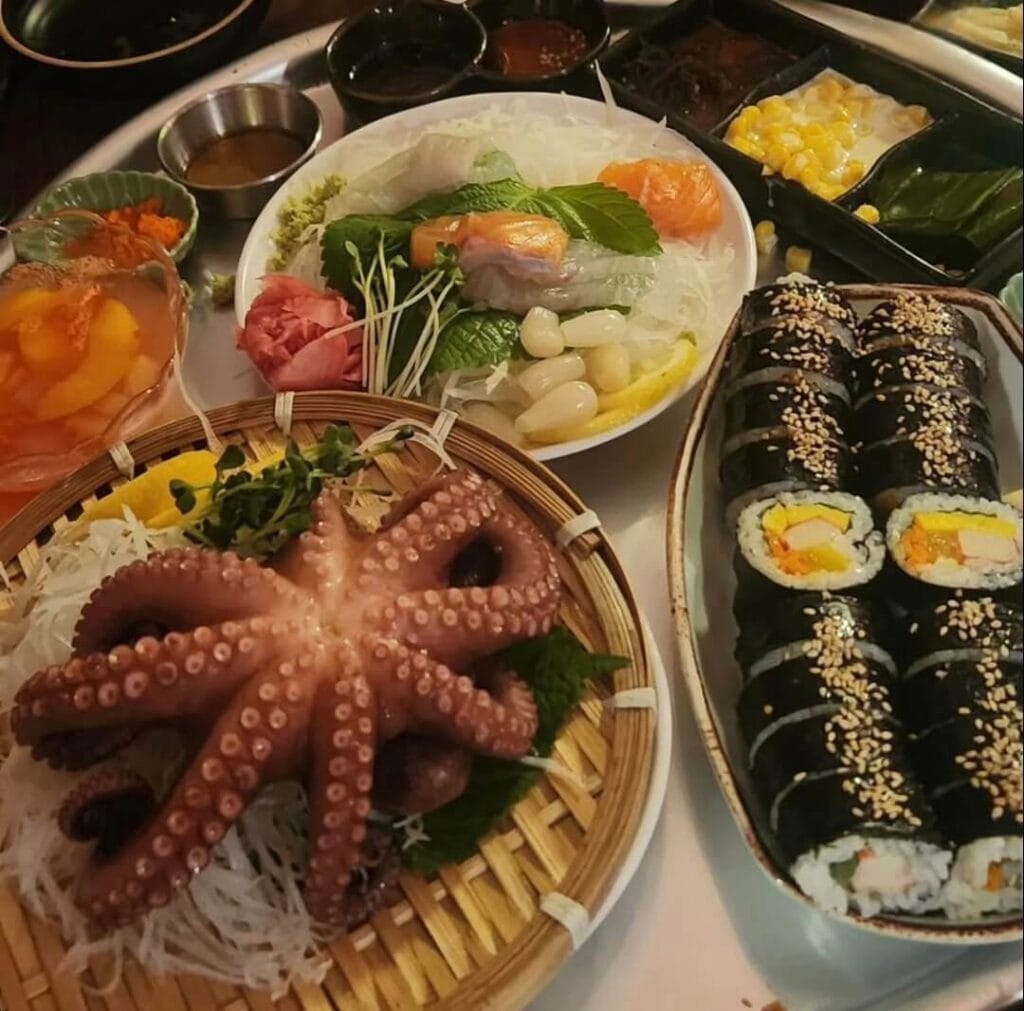 Whole octopus and gimbap Korean seafood pairing