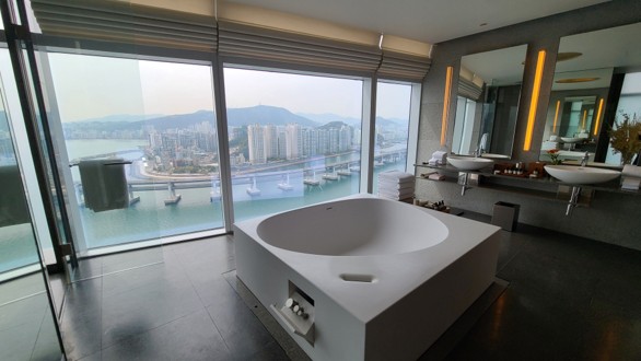 Gwangandaegyo view from the bedroom at Park Hyatt Busan